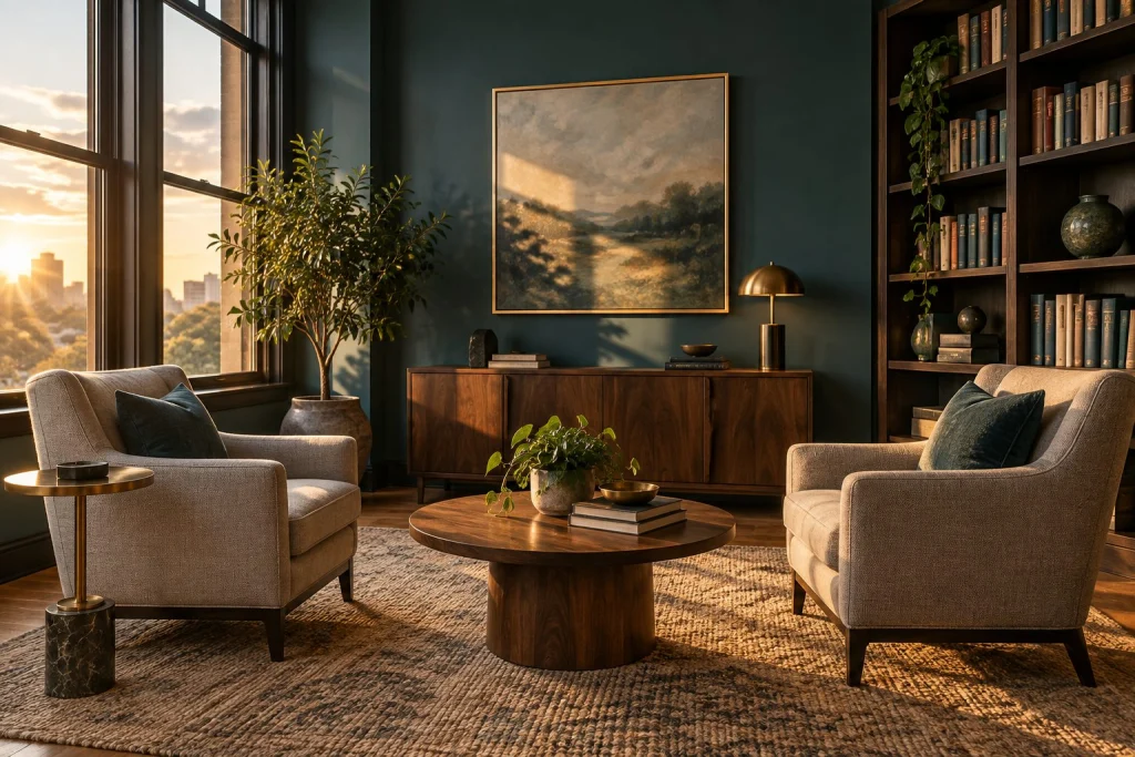A quiet advisory office with two chairs facing each other
