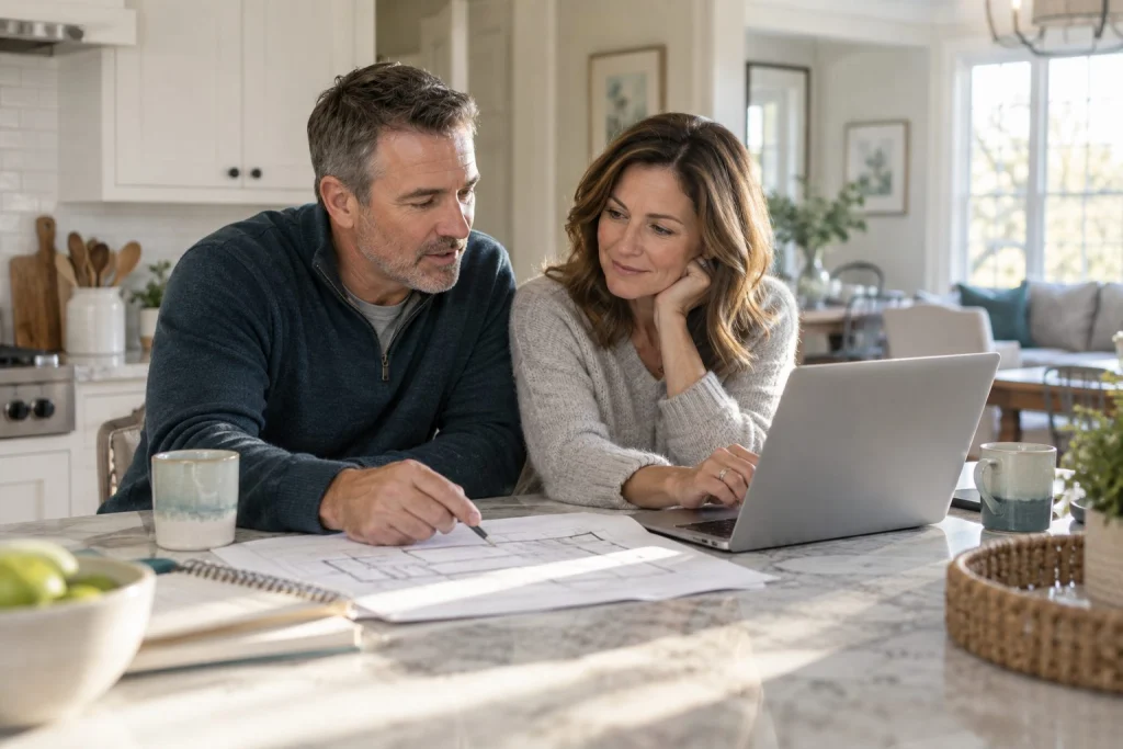 A couple reviewing a business plan together at home